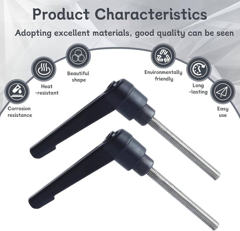 Begino Clamping Lever Handles with Quick Release Push Button Locking, 304 Stainless Steel M5 x 45mm Stud - Black (6 Pack) - Image 4